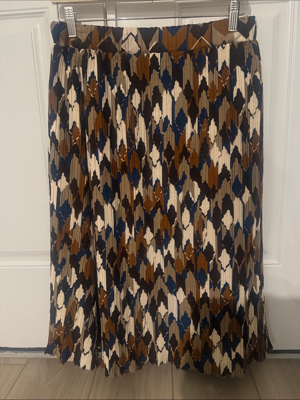 Pleated Midi Skirt in Cream, Brown & Blue